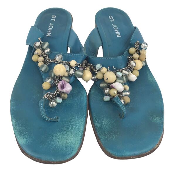 St. John Turquoise Flip Flops Charms Chain Beads Thong Sandals Size 10 FLAW - Picture 2 of 15